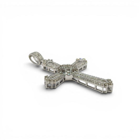 9ct white gold diamond cross pendant with sparkling diamonds from Reeves and Sons, shown close-up with detailed craftsmanship.