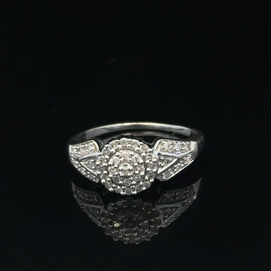 9ct white gold diamond ring in size M, showcasing a sparkling diamond setting and a sleek, elegant design.