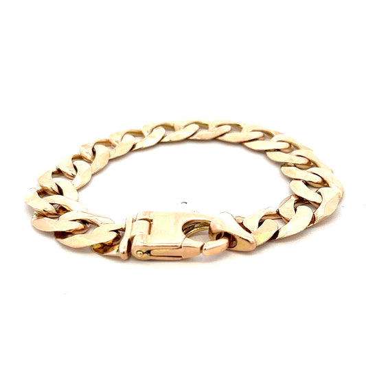 9ct yellow gold curb bracelet weighing 48.1g with a polished finish, featuring classic interlinked gold links.