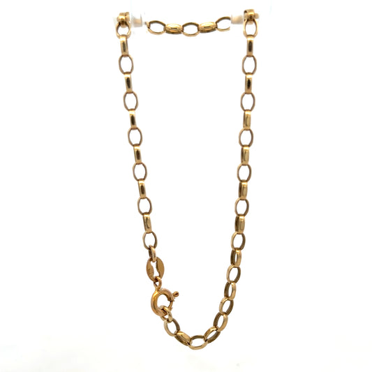 9ct yellow gold belcher bracelet weighing 3g with linked chain design, crafted by Reeves and Sons.