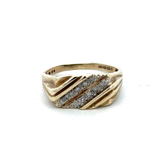 9ct yellow gold diamond ring by Reeves and Sons with a sparkling diamond centerpiece, elegant and designed for special occasions.