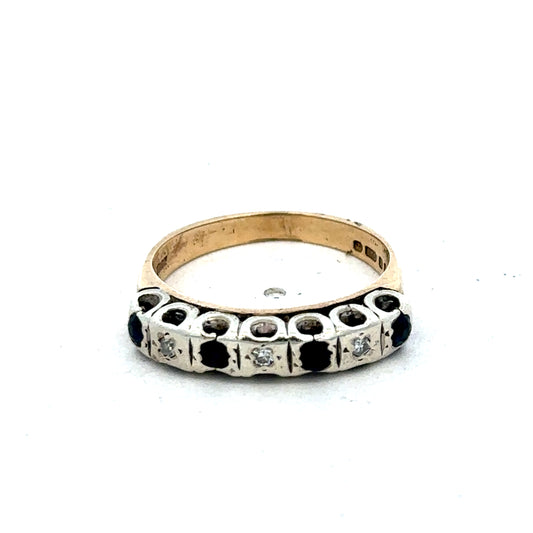 9ct yellow gold sapphire and diamond ring, size K, featuring a central sapphire and sparkling diamonds, Reeves and Sons jewelry.
