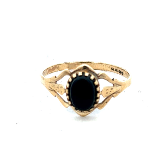 9ct yellow gold ring size P1/2 from Reeves and Sons, featuring a smooth polished band.