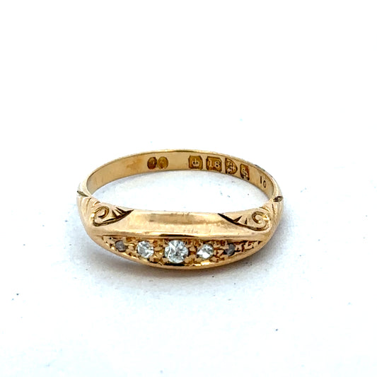18ct yellow gold diamond ring in size P with sparkling diamonds, crafted by Reeves and Sons, displayed on a white background.