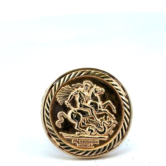 9ct yellow gold St George ring in size V, featuring detailed craftsmanship, by Reeves and Sons.