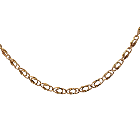 Reeves and Sons 9ct yellow gold chain with a delicate link design, weighing 7.7 grams, shown in close-up.
