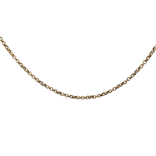 9ct yellow gold belcher chain from Reeves and Sons, showing its textured links and shiny finish on a plain background.