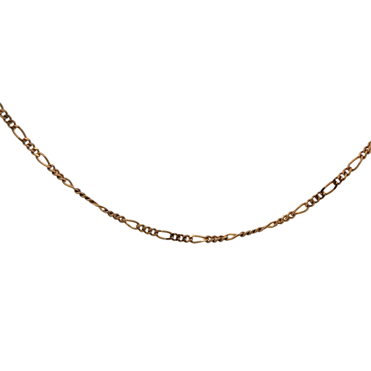 9ct yellow gold figaro chain by Reeves and Sons, featuring a detailed chain link design, weighing 4.1g.