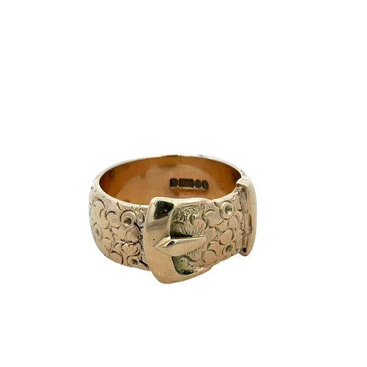 9ct yellow gold buckle ring size T1/2 by Reeves and Sons, detailed close-up showing polished finish and elegant design.