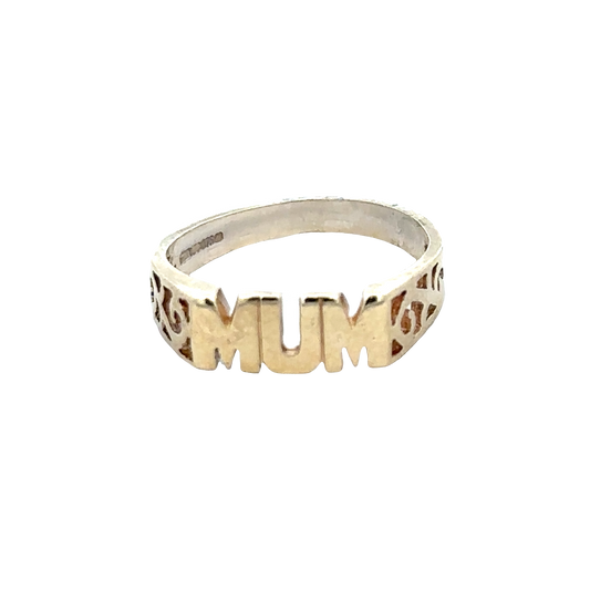 9ct yellow gold MUM ring in size K with engraved lettering, crafted by Reeves and Sons, shown on a plain background.
