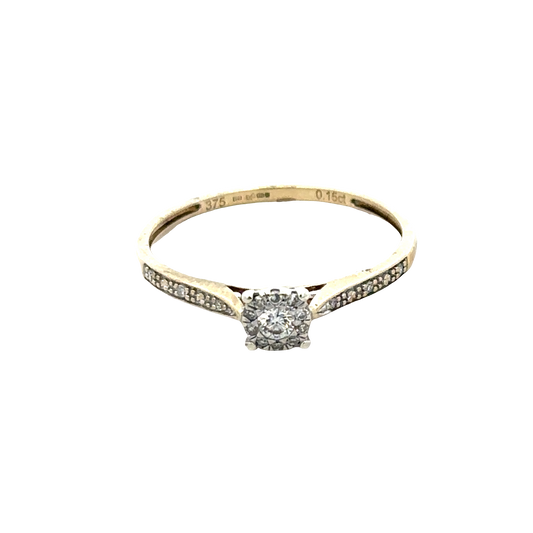 9ct yellow gold diamond ring in size T by Reeves and Sons, featuring a sparkling diamond setting on a polished band.