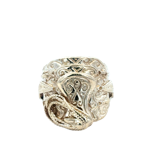 9ct yellow gold saddle ring in size V1/2 with smooth finish, crafted by Reeves and Sons, shown from a side angle.