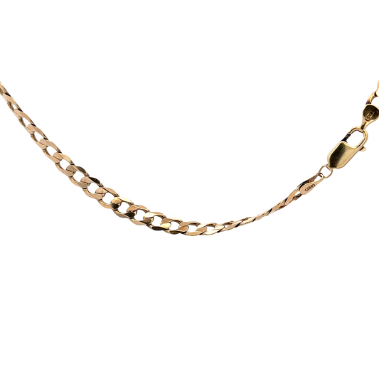 Reeves and Sons 9ct yellow gold curb chain, 19.3g, with interlocking oval links, close-up view of jewelry chain.