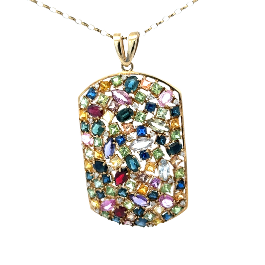 9ct yellow gold gemstone pendant with intricate design, weighing 20.4g, by Reeves and Sons, featuring colorful gemstone accents.