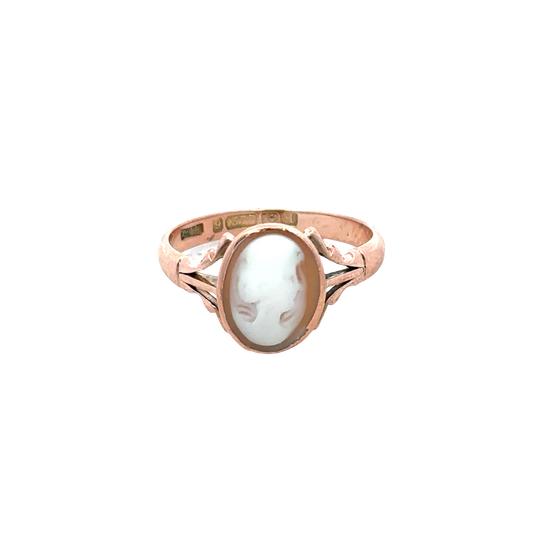 Reeves and Sons 9ct rose gold cameo ring size P with detailed carved portrait and floral design on a polished band.