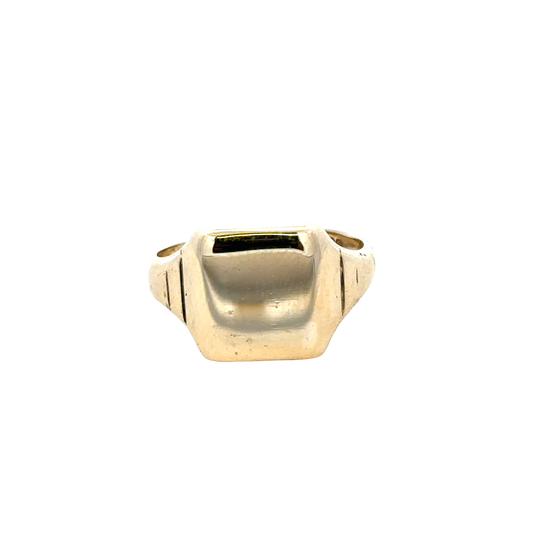 9ct yellow gold signet ring in size Q by Reeves and Sons, featuring a polished smooth surface and classic design.