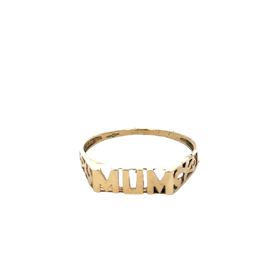 9ct yellow gold MUM ring in size Q by Reeves and Sons, featuring a polished band with engraved inscription.