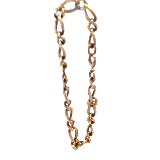 9ct yellow gold bracelet with intricate link design, weighing 17.5g, from Reeves and Sons, shown on a neutral background.