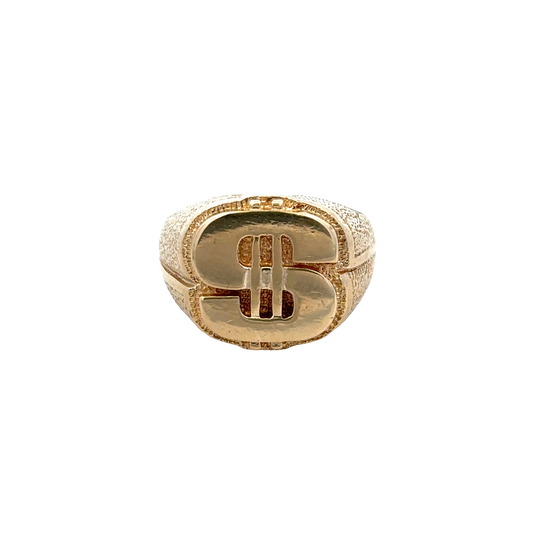 9ct yellow gold dollar sign ring by Reeves and Sons, featuring a detailed dollar symbol design on a polished band.