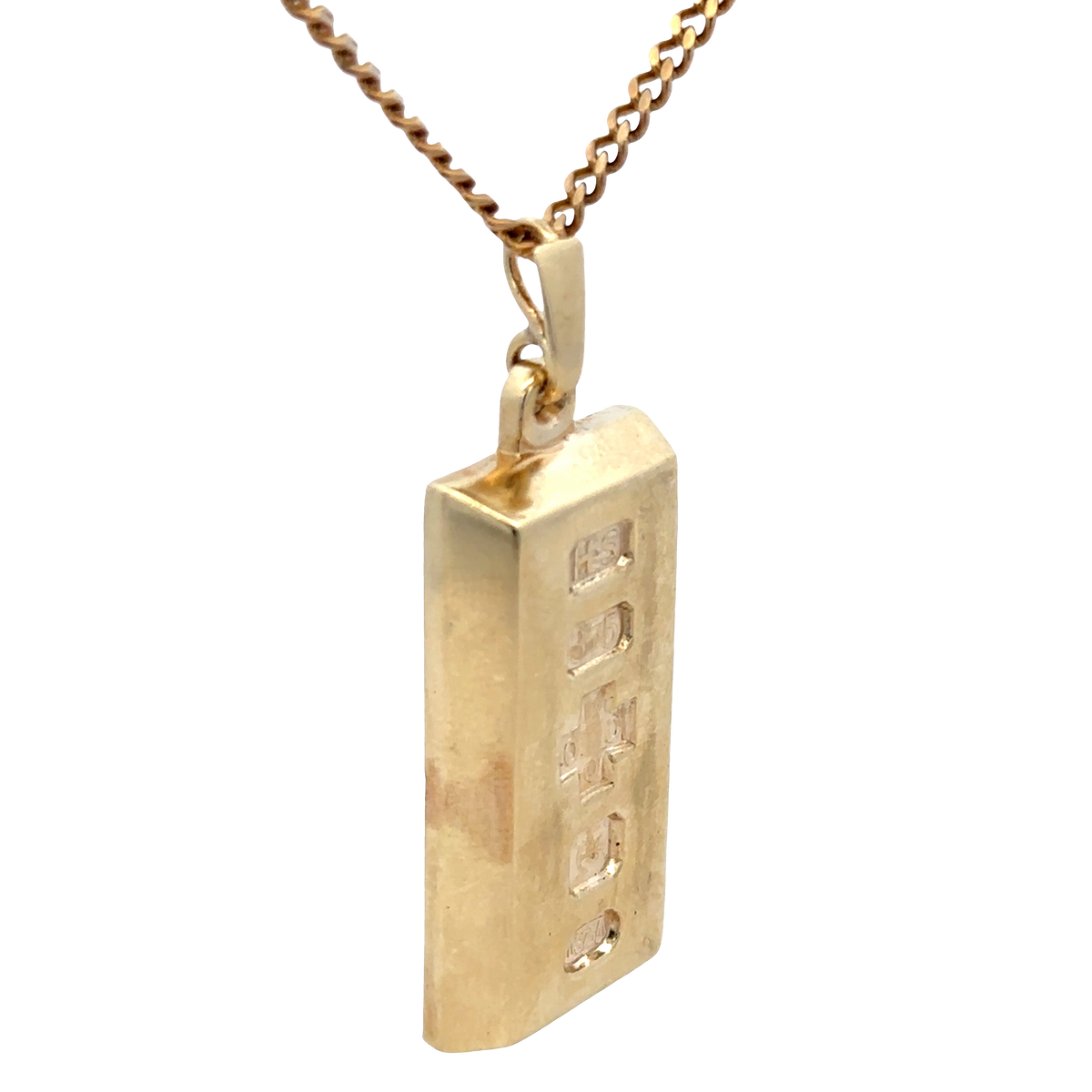 9ct yellow gold ingot pendant by Reeves and Sons, weight 34.2g, featuring a polished gold ingot shape.