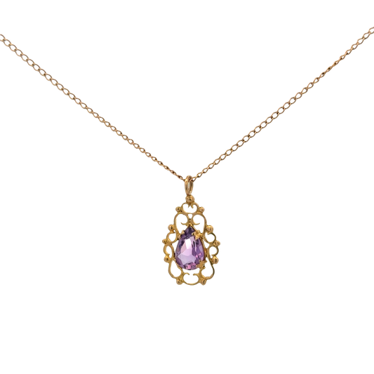 9ct yellow gold chain and amethyst pendant 3g (sh26889b)