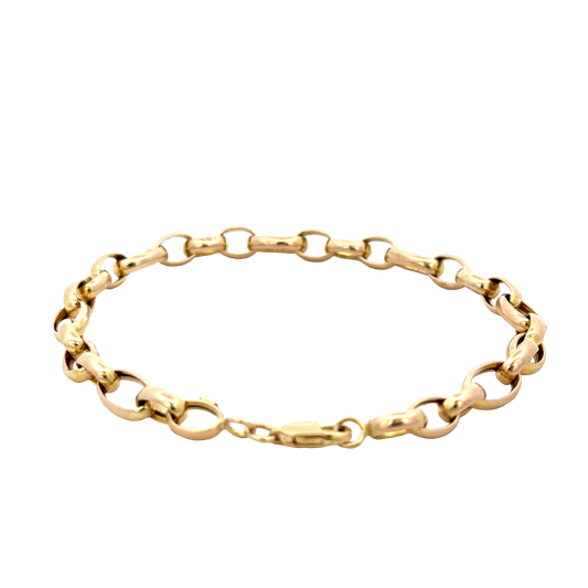 9ct yellow gold belcher bracelet weighing 4.3g, featuring classic chain links, from Reeves and Sons.