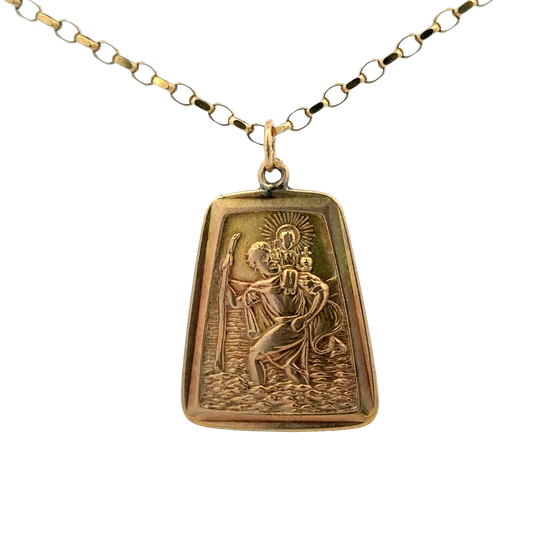 9ct yellow gold St Christopher pendant with detailed religious iconography, weighs 10.5g, by Reeves and Sons.