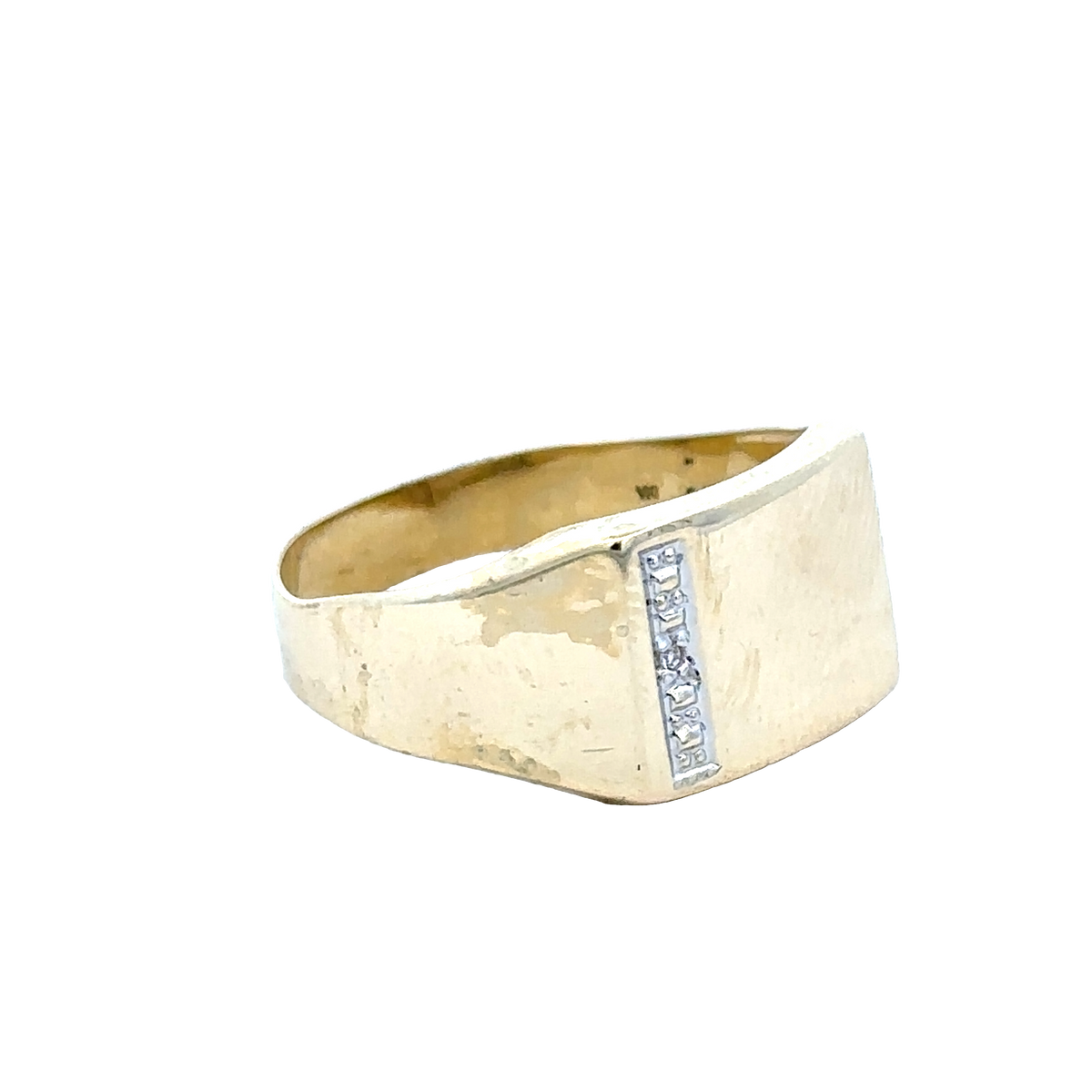9ct yellow gold signet ring in size X by Reeves and Sons, featuring a smooth polished surface and classic design.