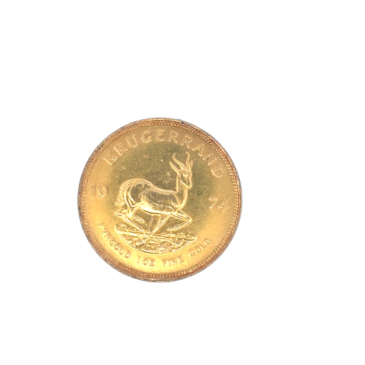Gold Krugerrand coin from 1974, 33.9g, featuring detailed design, issued by Reeves and Sons.