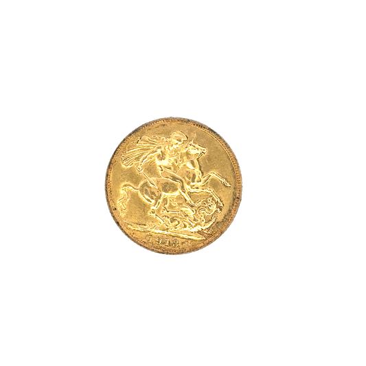 1913 Reeves and Sons full sovereign coin, 8g gold coin with intricate design and historical features.