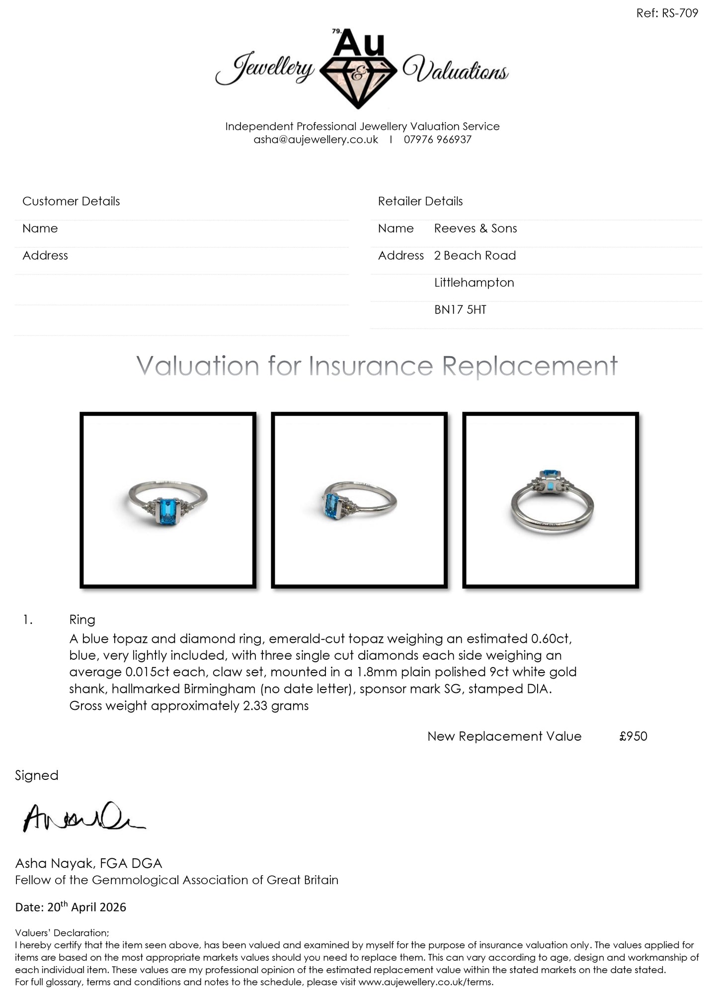 9ct white gold topaz and diamond ring with intricate band design, crafted by Reeves and Sons.