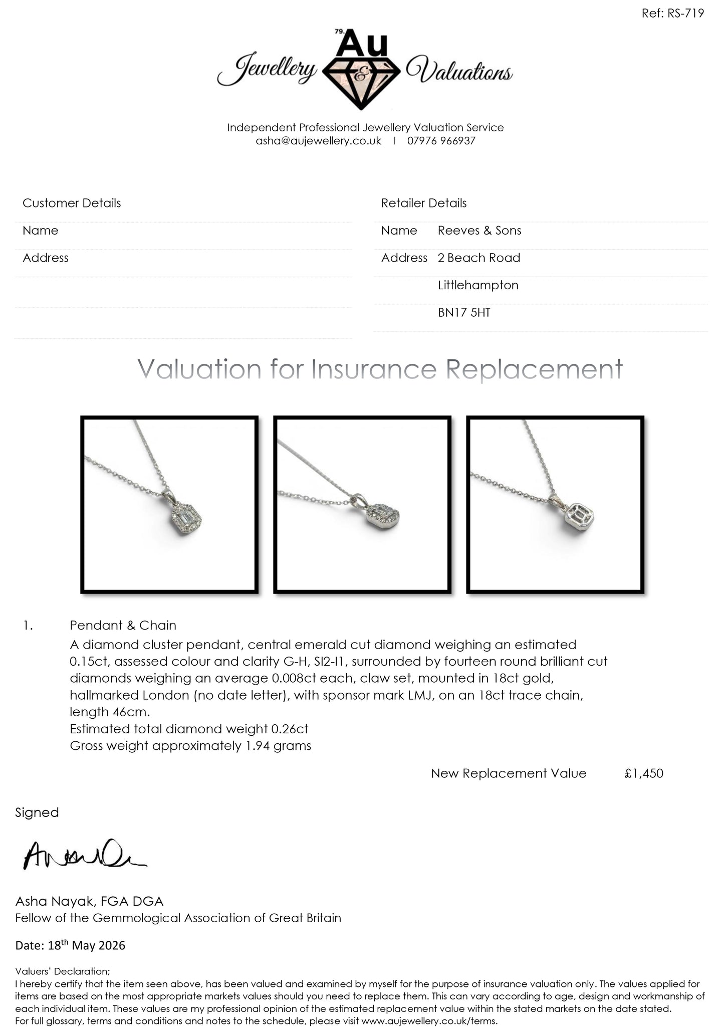 18ct white gold diamond cluster pendant by Reeves and Sons, featuring a sparkling diamond design.