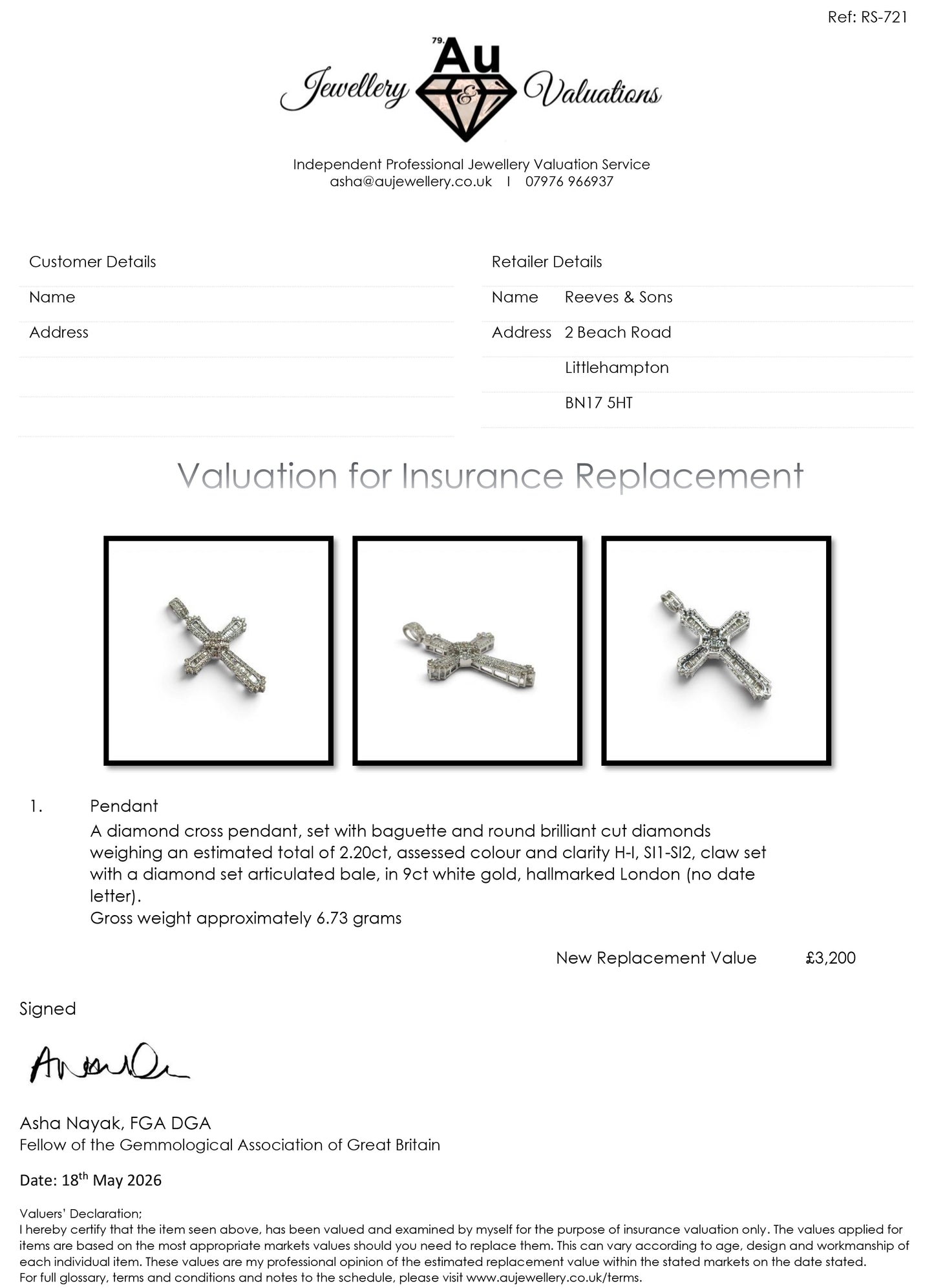 9ct white gold diamond cross pendant with sparkling diamonds, crafted by Reeves and Sons, shown on a white background.