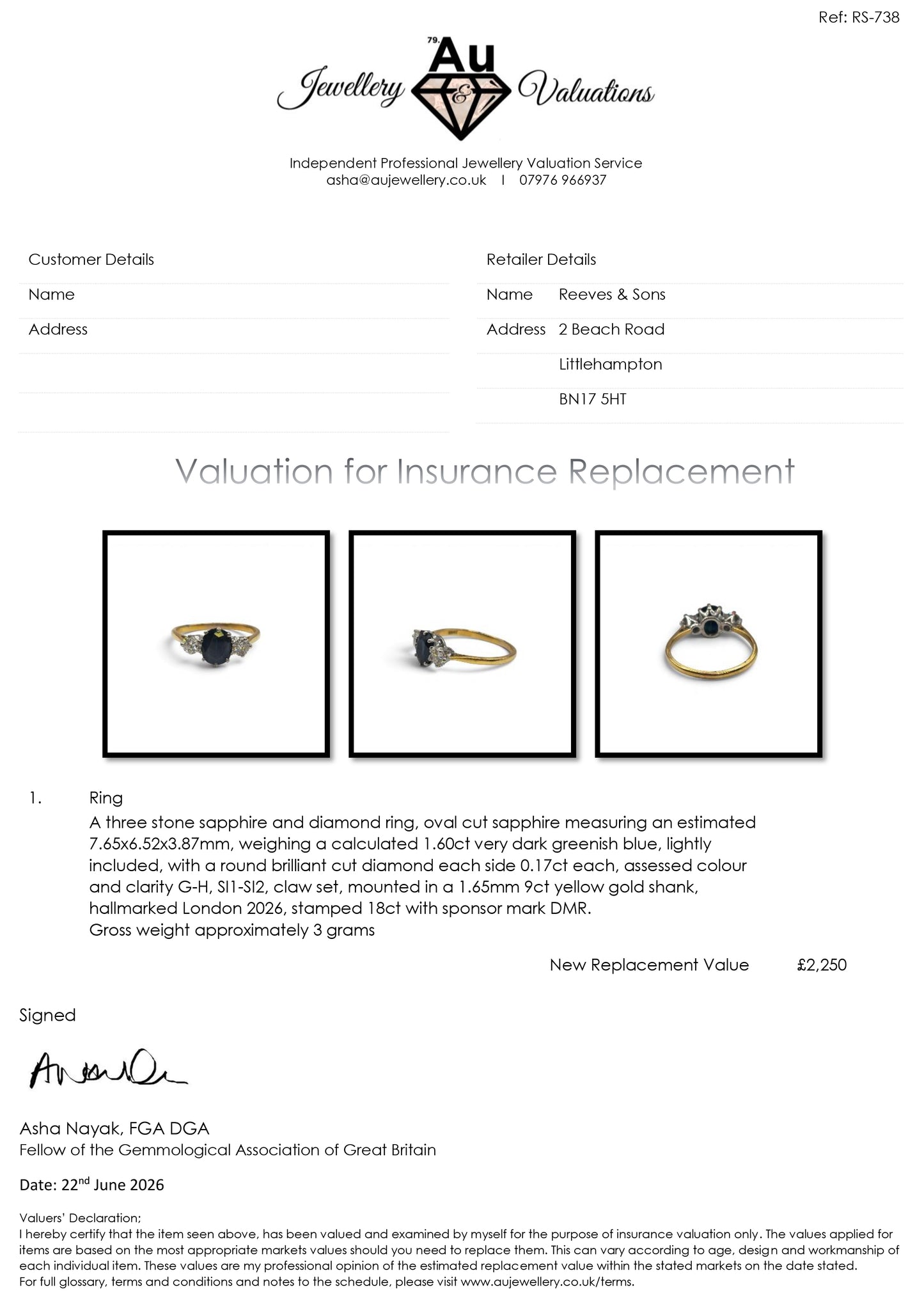 9ct yellow gold sapphire and diamond ring by Reeves and Sons, featuring a central sapphire gemstone with diamond accents.