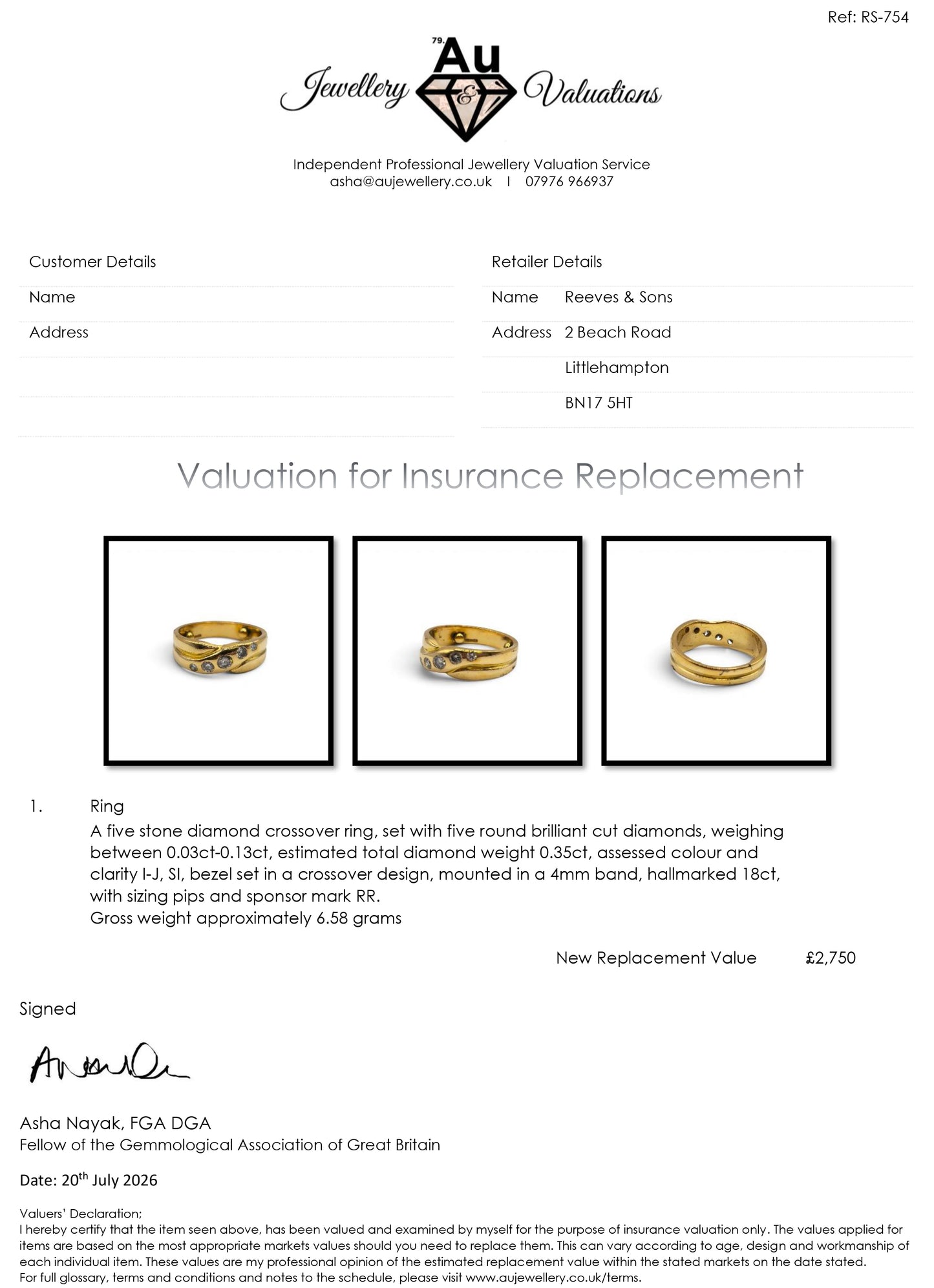18ct yellow gold diamond crossover ring by Reeves and Sons, featuring sparkling diamonds and elegant design.