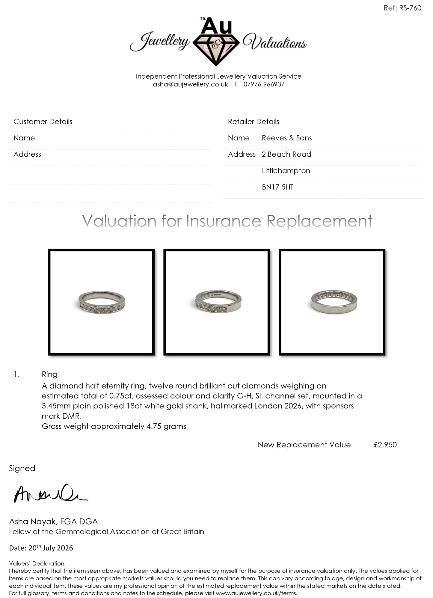 18ct white gold diamond half eternity ring from Reeves and Sons, featuring a row of sparkling diamonds set in a sleek band.