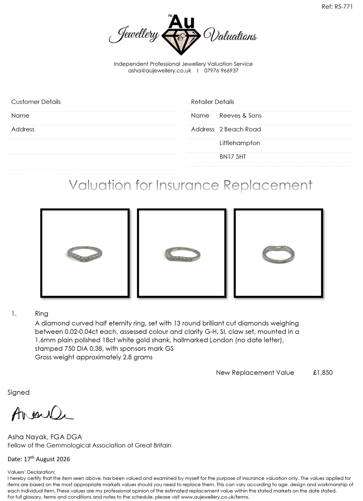 18ct white gold curved half eternity ring sh25176l