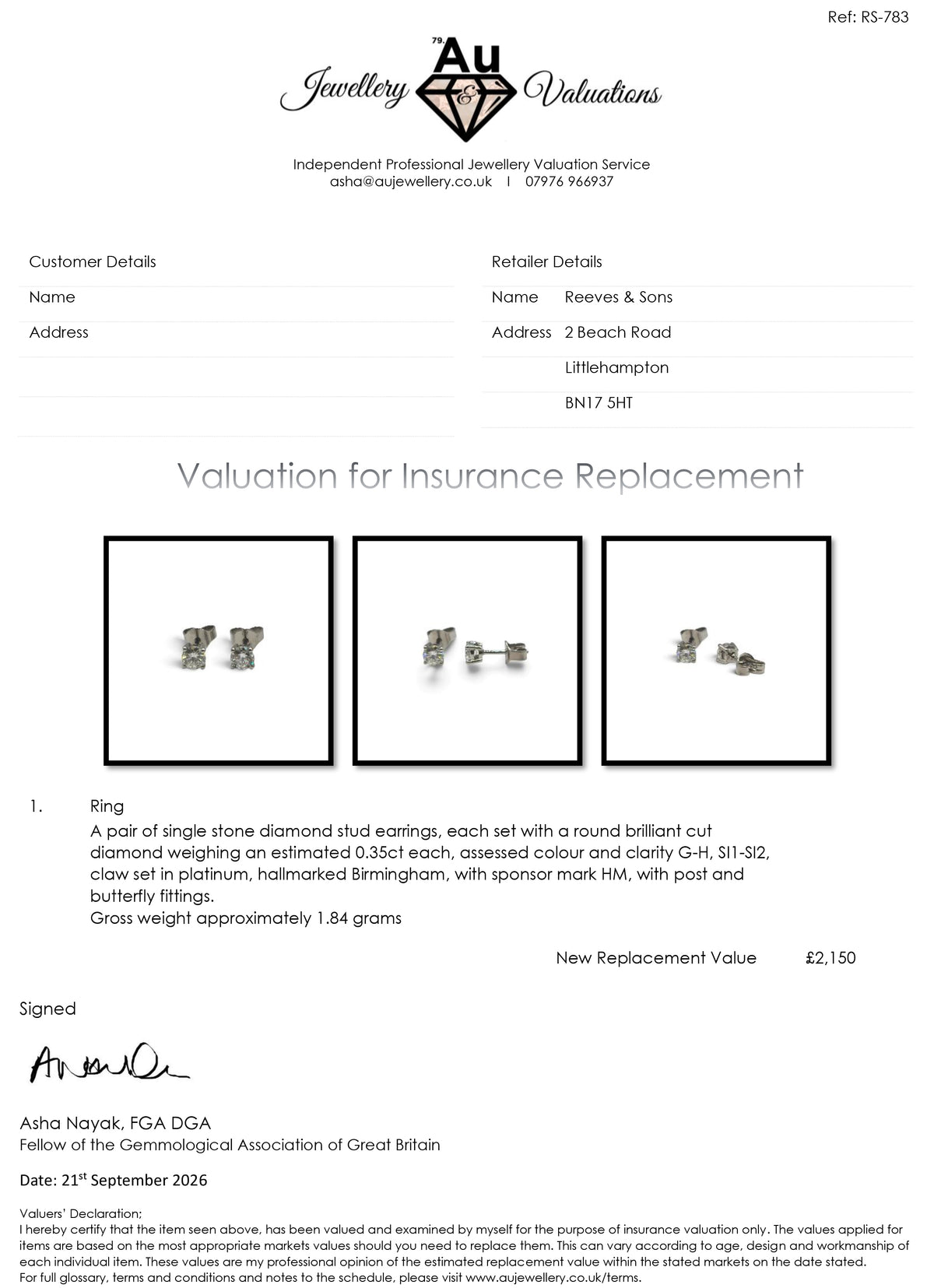 Reeves and Sons platinum diamond stud earrings with sparkling diamonds set in classic design.