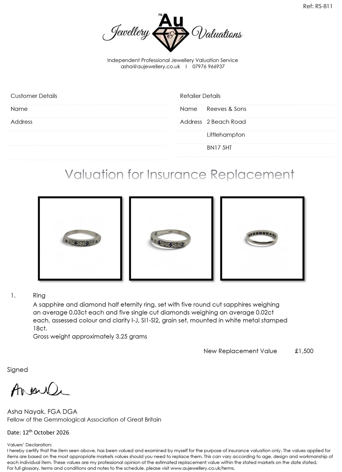 18ct white gold sapphire and diamond half eternity ring by Reeves and Sons