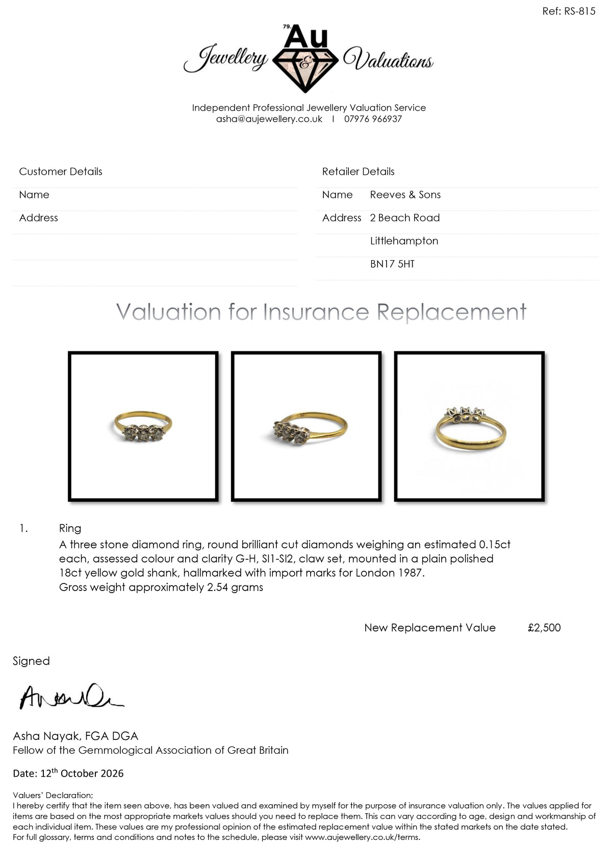 Reeves and Sons 18ct yellow gold 3 stone diamond ring with three visible diamonds