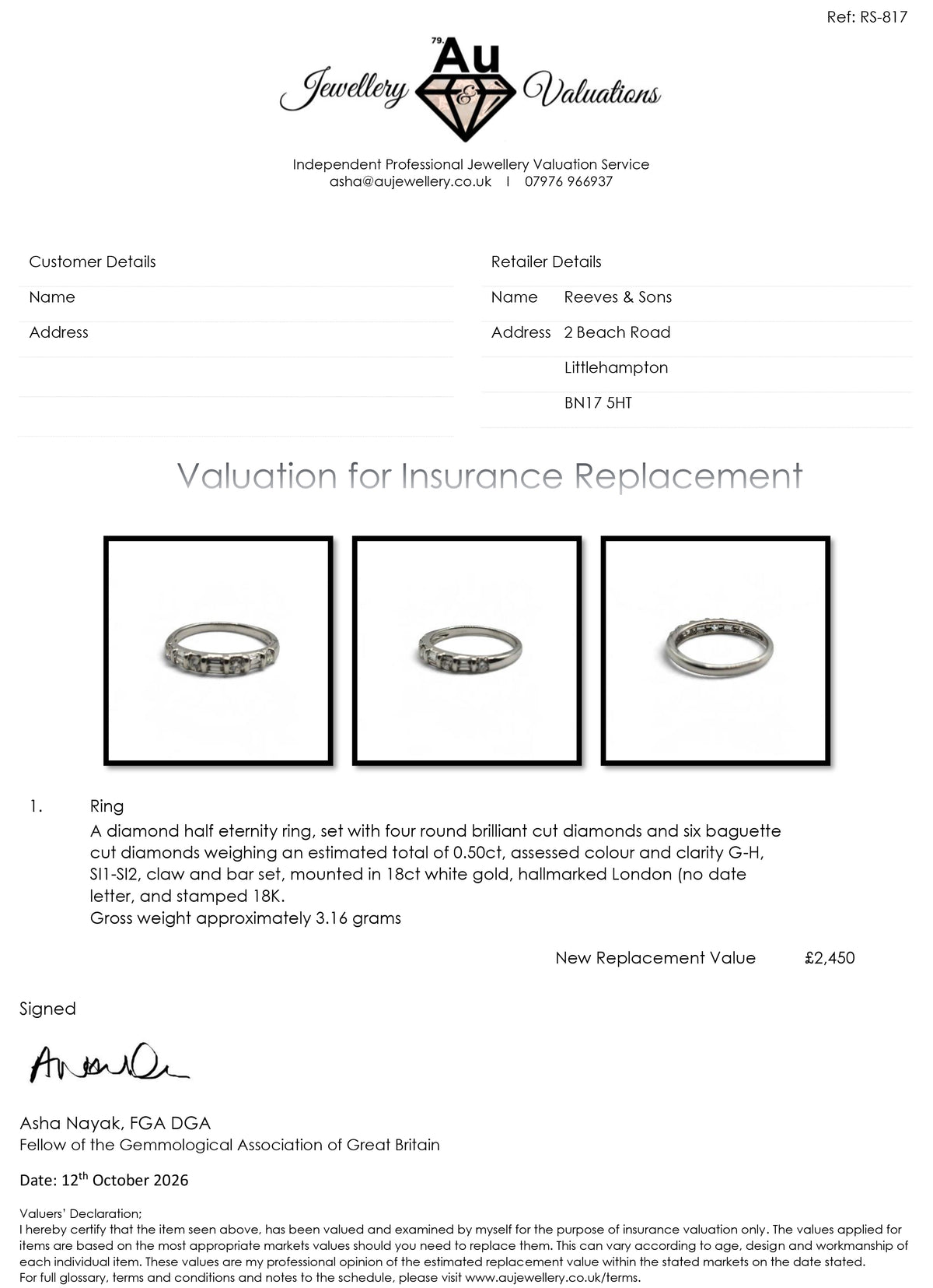 Reeves and Sons 18ct white gold half eternity ring with a classic band design