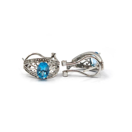 14ct white gold topaz and diamond earrings with post and lever back, featuring 1.70 carats of gemstones and elegant design.
