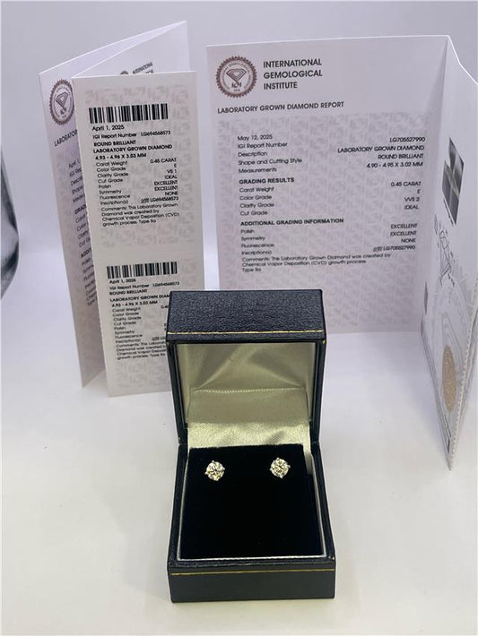 18ct white gold lab diamond earring with 0.9 carats, showcasing a sparkling gemstone and elegant design.