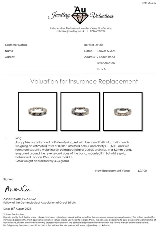 18ct white gold diamond and sapphire half eternity ring showing alternating gemstones and elegant band detail.