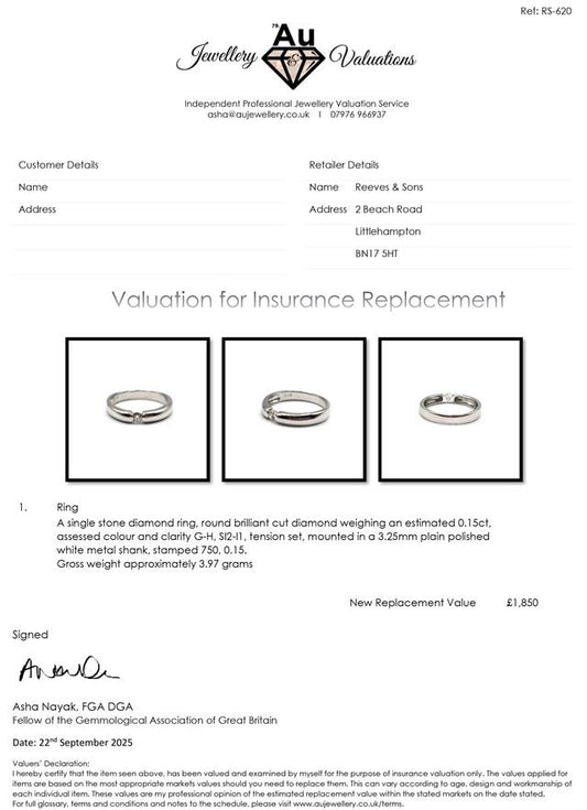 18ct white gold single diamond ring with a sparkling solitaire diamond, elegant and timeless jewelry piece.