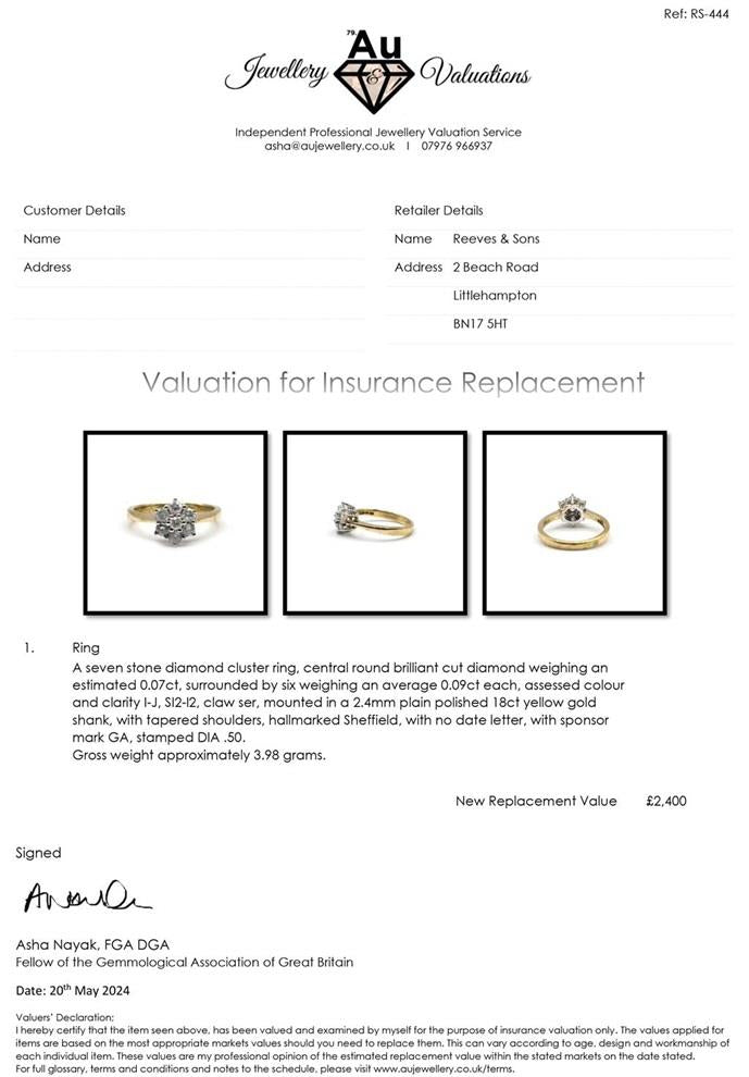 18ct yellow gold diamond cluster ring with 0.50 carats, size N, featuring a sparkling diamond arrangement.