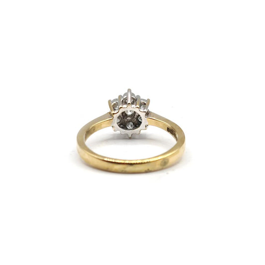 18ct yellow gold diamond cluster ring with 0.50 carats, size N, featuring a sparkling diamond design in a classic style.