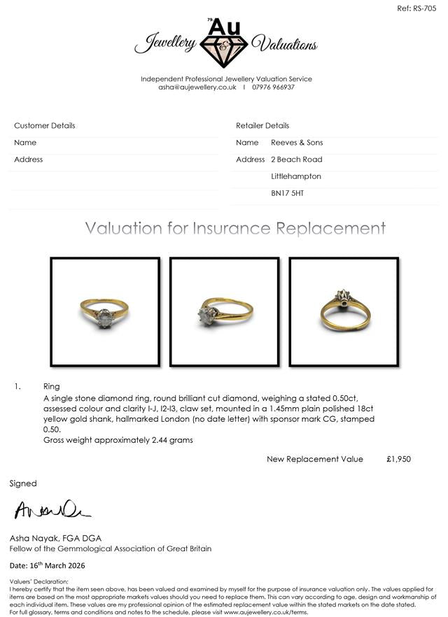 18ct yellow gold diamond ring with 1/2 carat total weight, featuring sparkling diamonds in an elegant design.