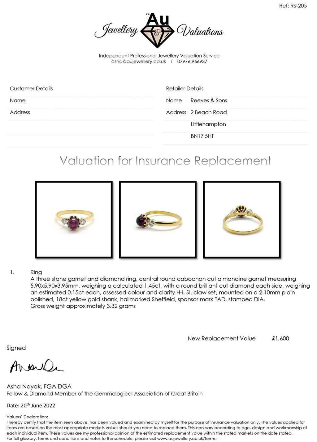 18ct yellow gold garnet and diamond ring featuring a 1.45 carat garnet and 0.30 carat diamonds, elegant jewelry piece.
