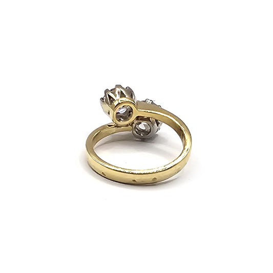 18ct yellow gold 1.70 carat diamond two-stone crossover ring, size I, with elegant design and sparkling diamonds.